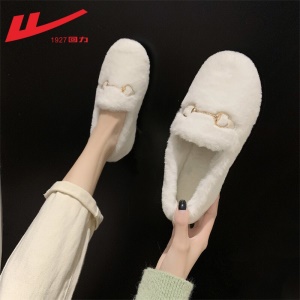 回力女鞋 豆豆鞋女鞋加绒棉保暖2021新品秋冬季女士羊羔毛平底百搭懒人一脚蹬单鞋毛毛鞋子女棉拖鞋 0110白色 请选择正确尺码
